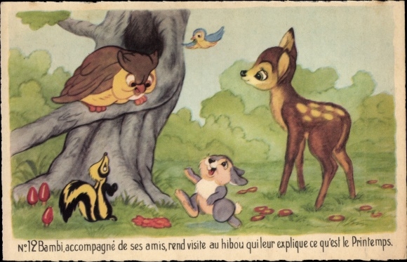 Artist Postcard Walt Disney, Bambi und Hase Klopfer, Stinktier Blume, Eule